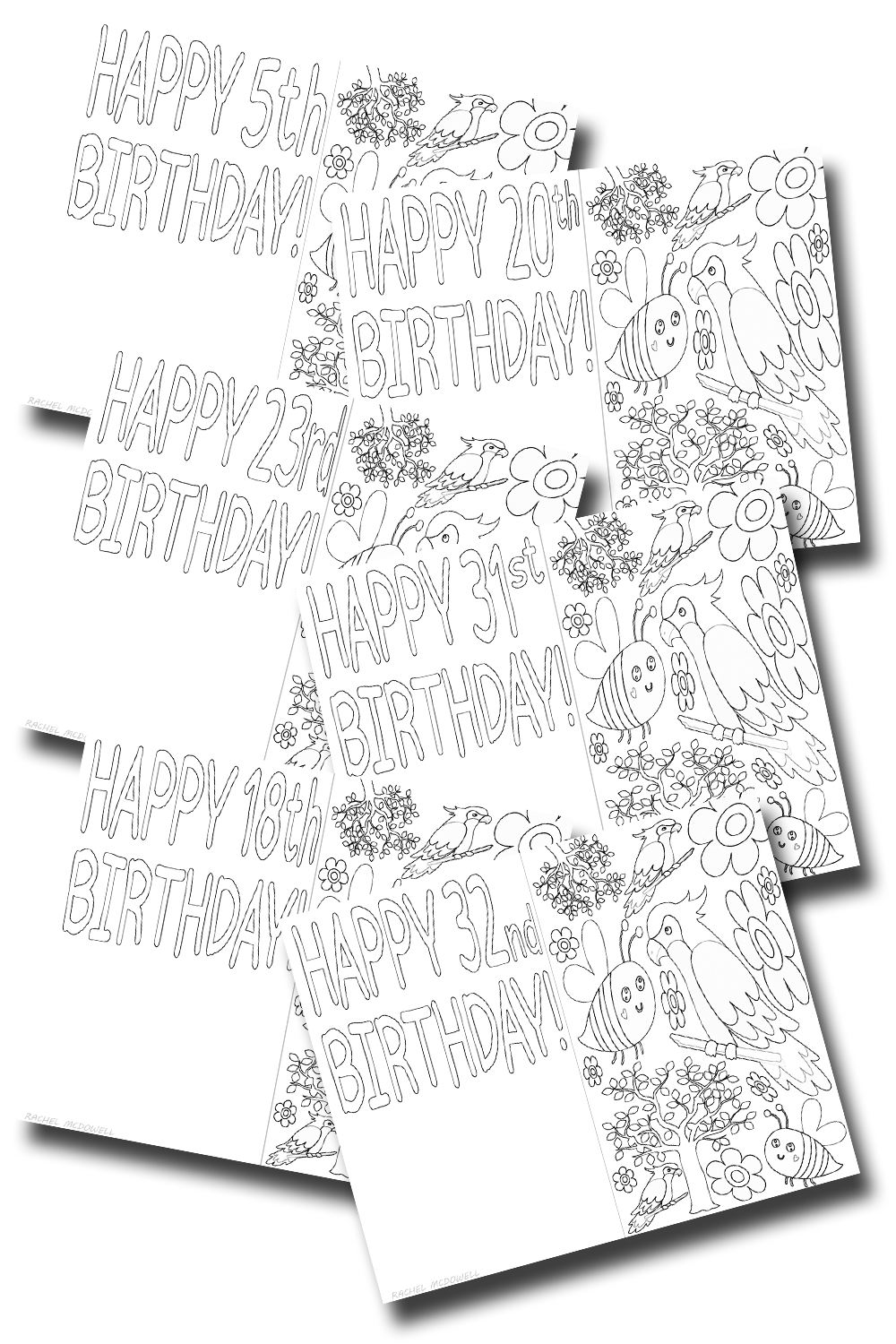 31 Colorable Happy Birthday Cards (Ages 5-35)
