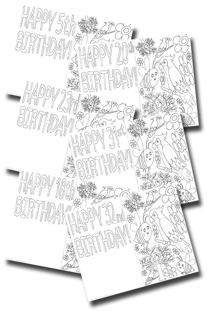 31 Colorable Happy Birthday Cards (Ages 5-35)