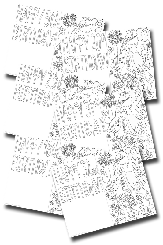 31 Colorable Happy Birthday Cards (Ages 5-35)